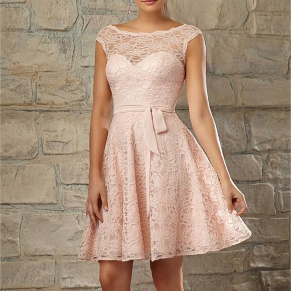MoriLee by Madeline Gardener Lace Affairs Blush High Neck Mini Bridesmaids Dress - Picture 1 of 8